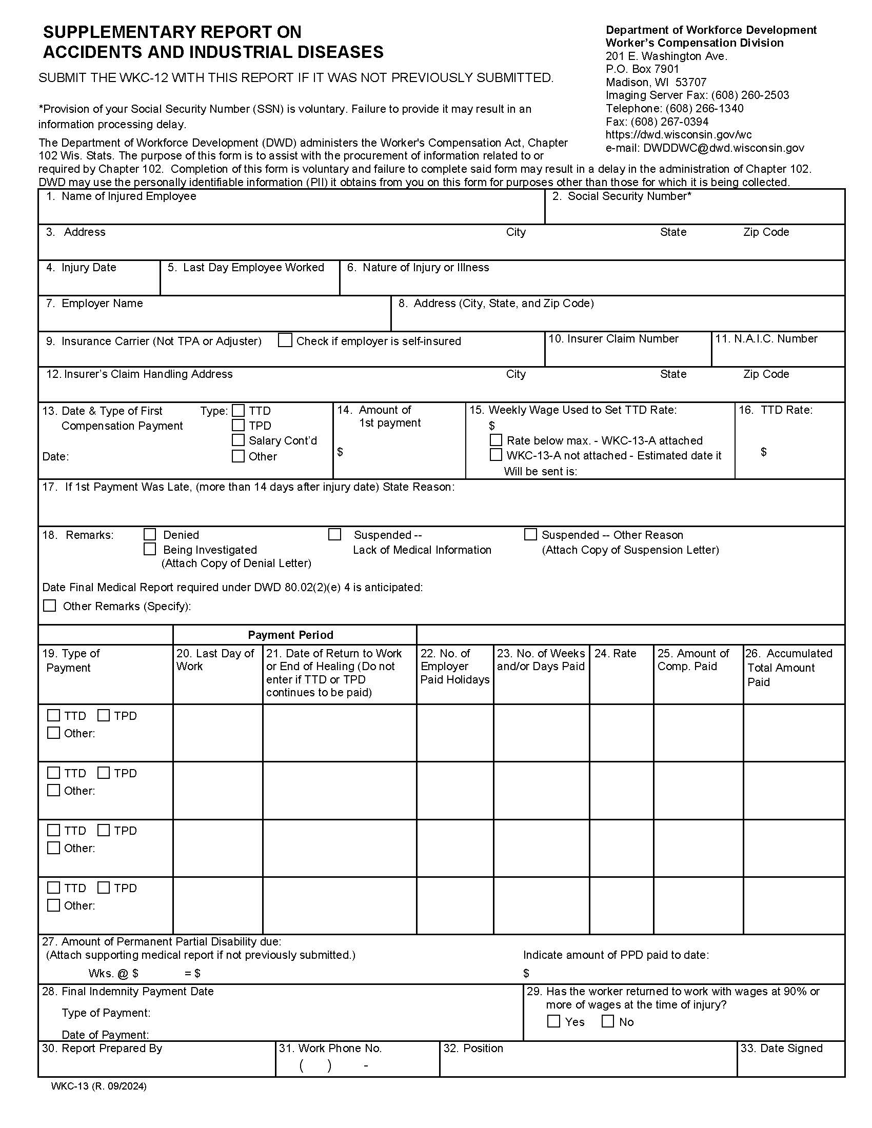 Supplementary Report On Accidents And Industrial Diseases {WKC 13} | Pdf Fpdf Docx | Wisconsin
