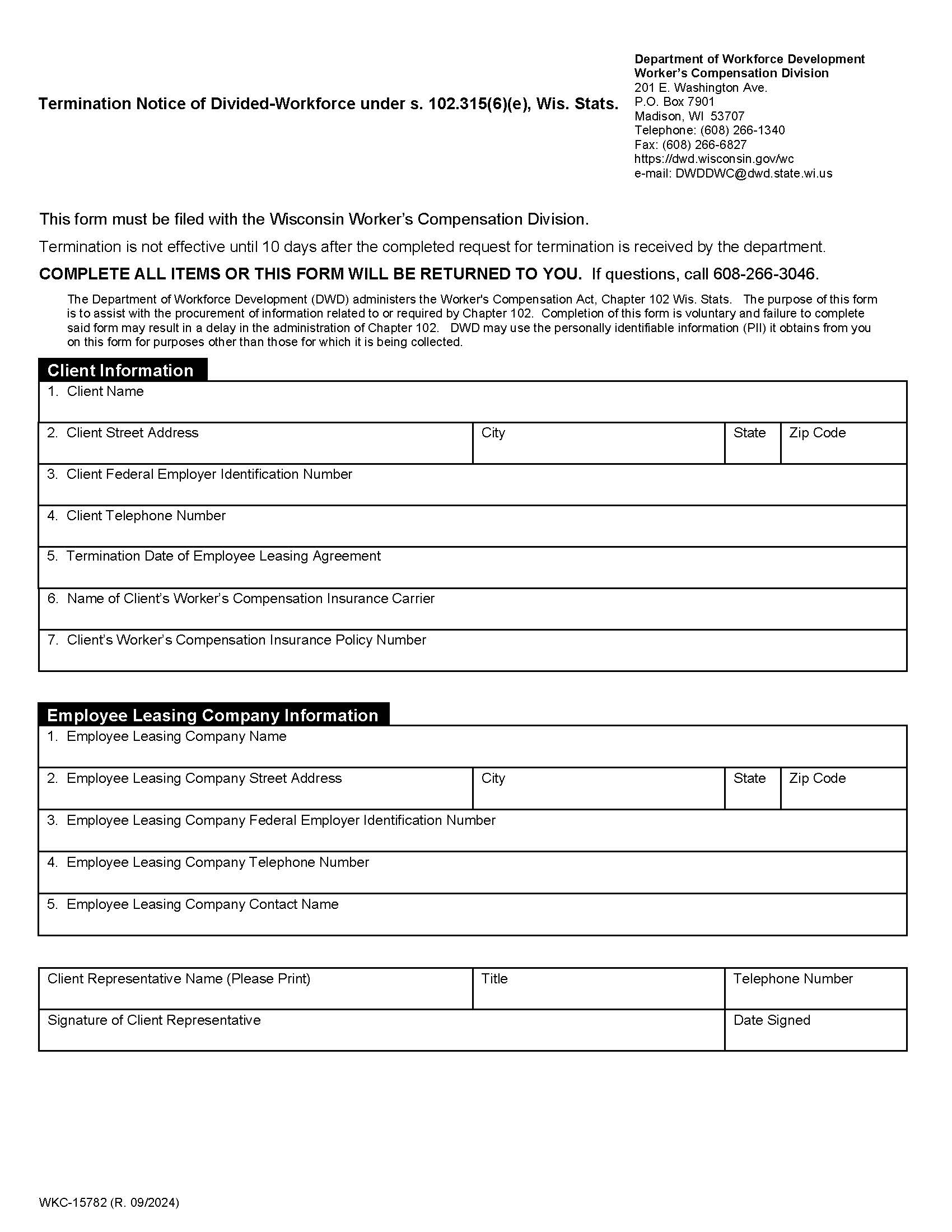Termination Notice Of Divided Workforce {WKC-15782} | Pdf Fpdf Doc Docx | Wisconsin