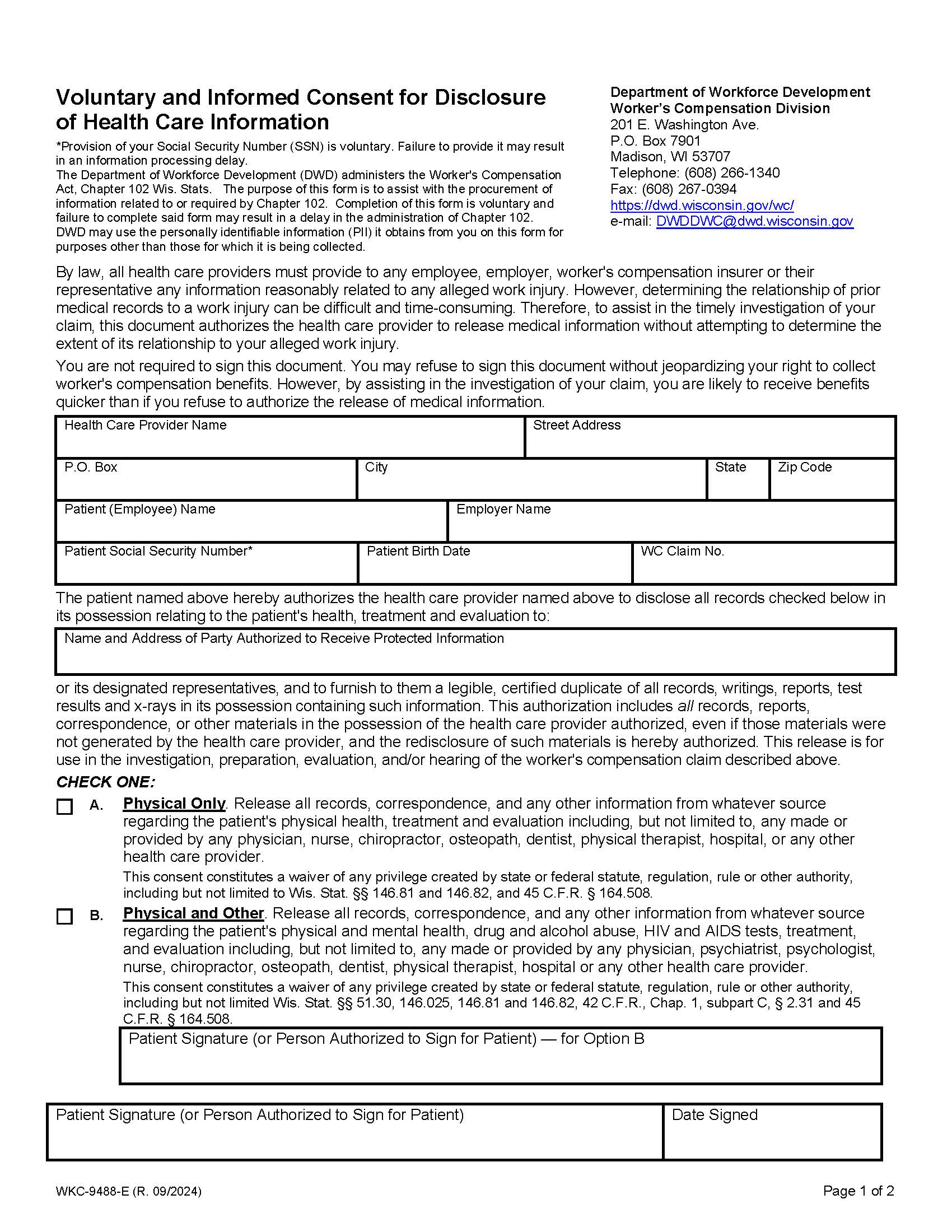 Voluntary And Informed Consent For Disclosure Of Health Care Information {WKC-9488-E} | Pdf Fpdf Docx | Wisconsin