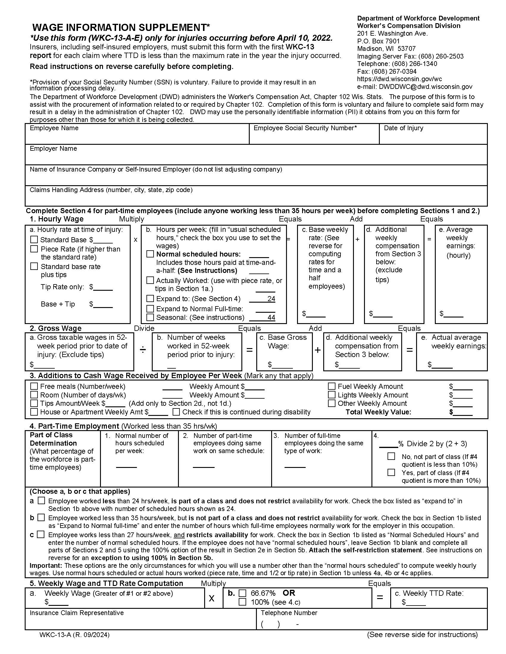 Wage Information Supplement {WKC-13-A} | Pdf Fpdf Docx | Wisconsin