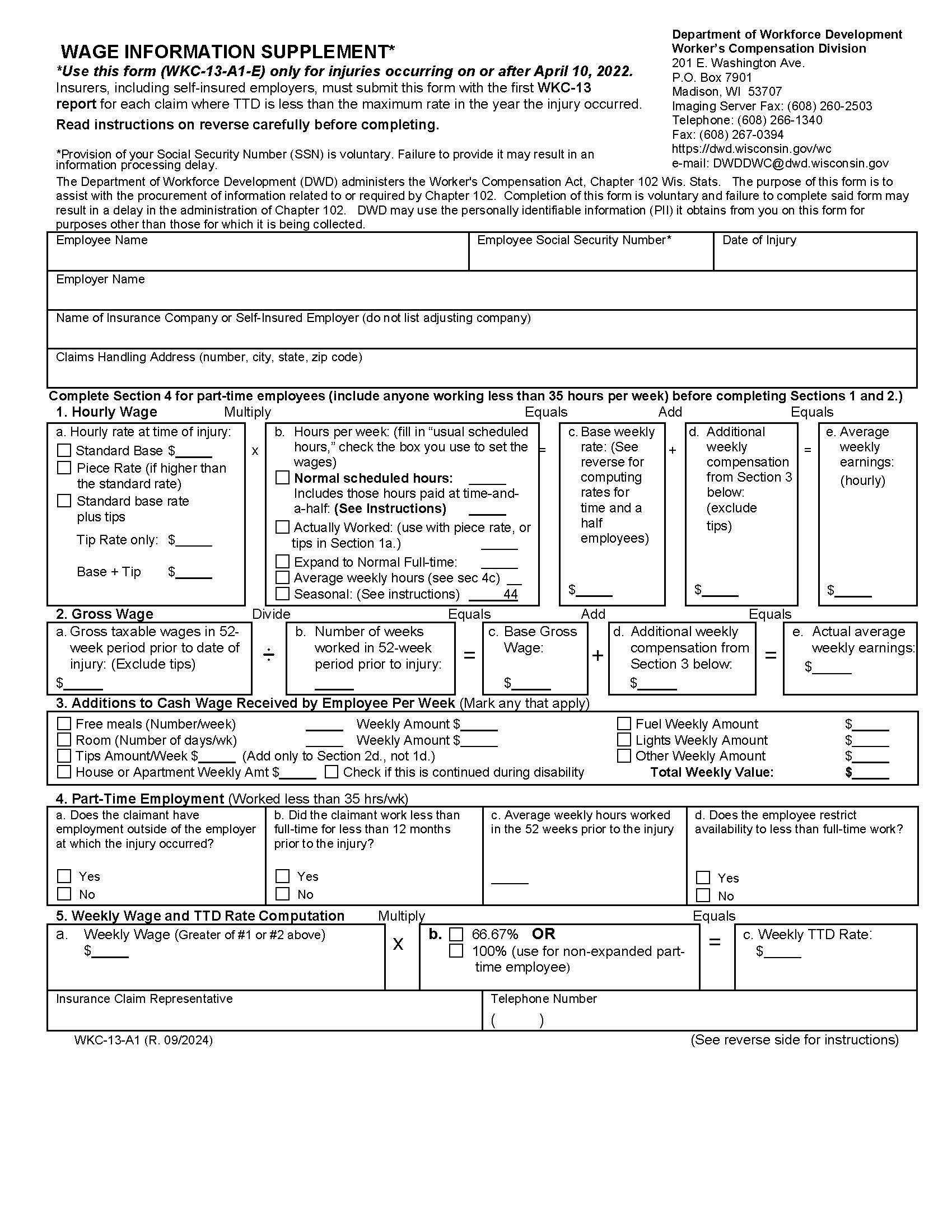 Wage Information Supplement {WKC-13-A1} | Pdf Fpdf Docx | Wisconsin