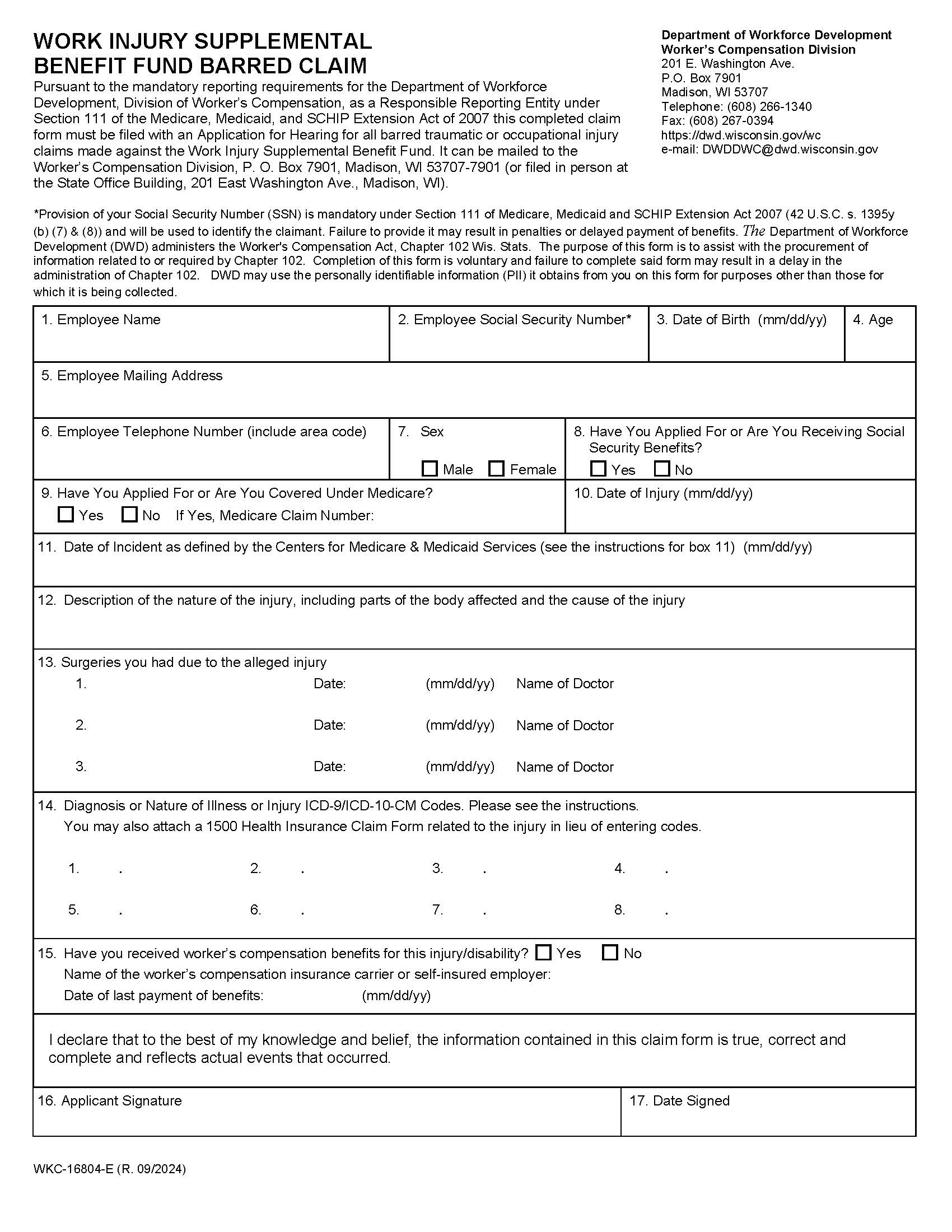 Work Injury Supplemental Benefit Fund Barred Claim {WKC-16804} | Pdf Fpdf Docx | Wisconsin