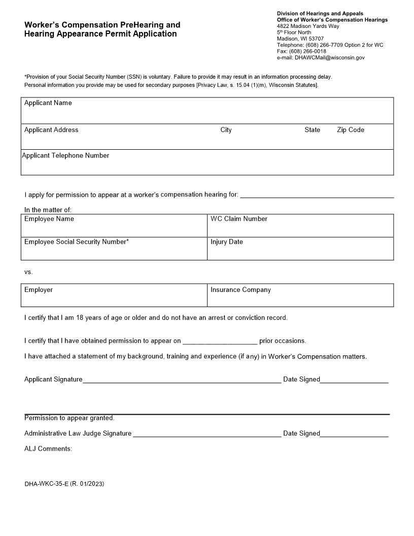 Workers Compensation Hearing Appearance Permit Application {WKC-35} | Pdf Fpdf Docx | Wisconsin
