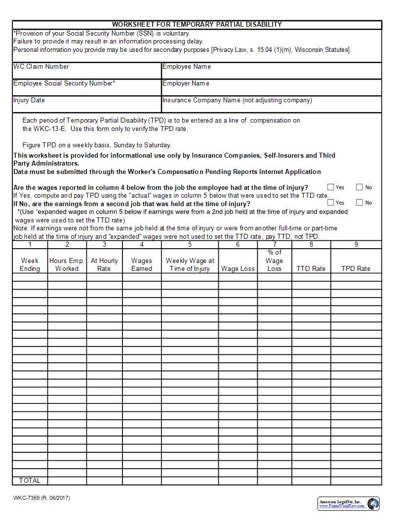 Worksheet For Temporary Partial Disability {WKC-7359} | Pdf Fpdf Docx | Wisconsin