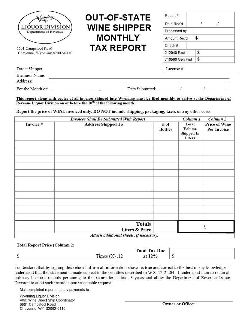 Out Of State Wine Shipper Monthly Tax Report | Pdf Fpdf Doc Docx | Wyoming