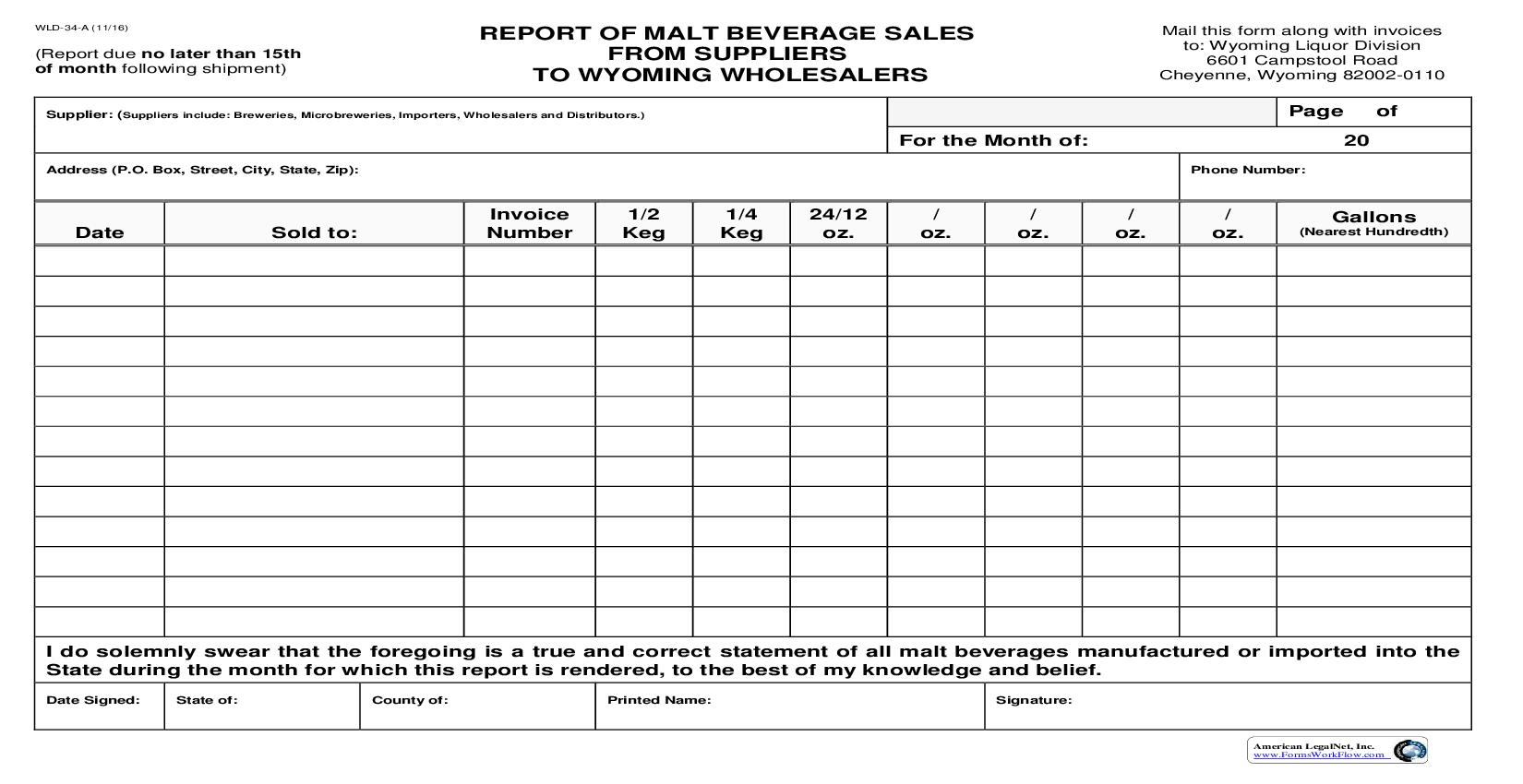 Report Of Malt Beverage Sales From Suppliers To Wyoming Wholesalers {WLD-34-A} | Pdf Fpdf Doc Docx | Wyoming