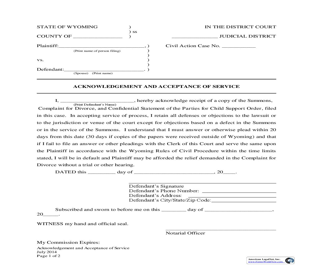 Acknowledgement And Acceptance Of Service | Pdf Fpdf Docx | Wyoming