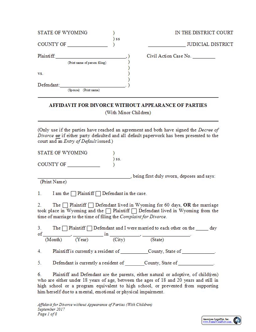 Affidavit For Divorce Without Appearance From The Parties | Pdf Fpdf Docx | Wyoming