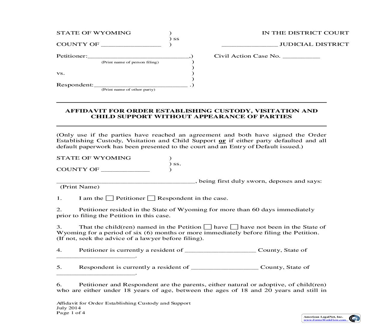 Affidavit For Establishment of Custody, Visitation, and Child Support Without Appearance Of Parties | Pdf Fpdf Docx | Wyoming