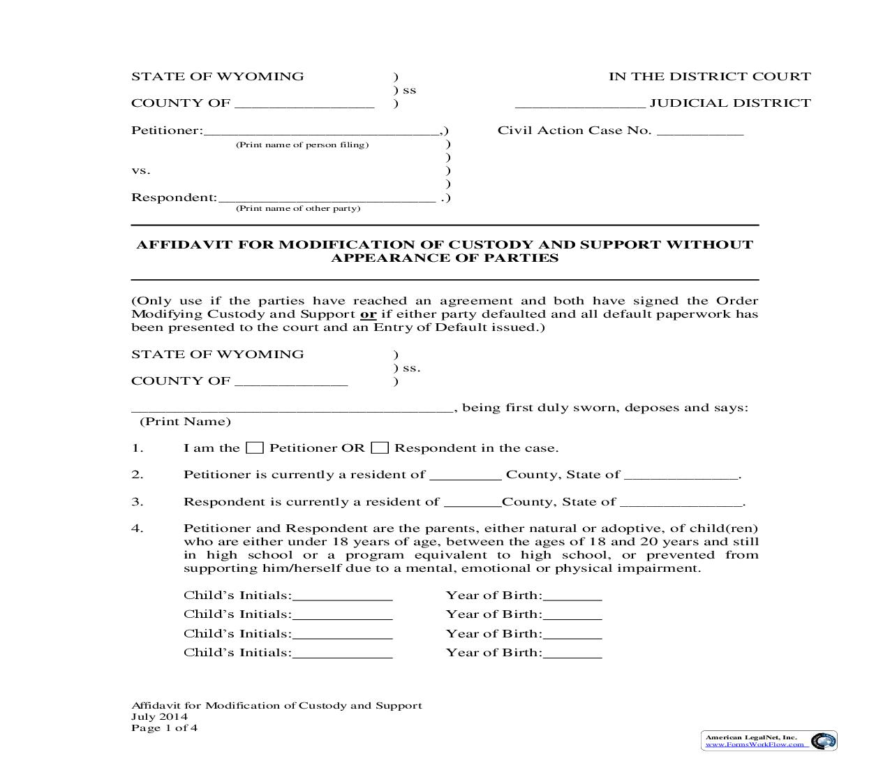 Affidavit For Modification Of Custody And Support Without Appearance Of Parties | Pdf Fpdf Docx | Wyoming