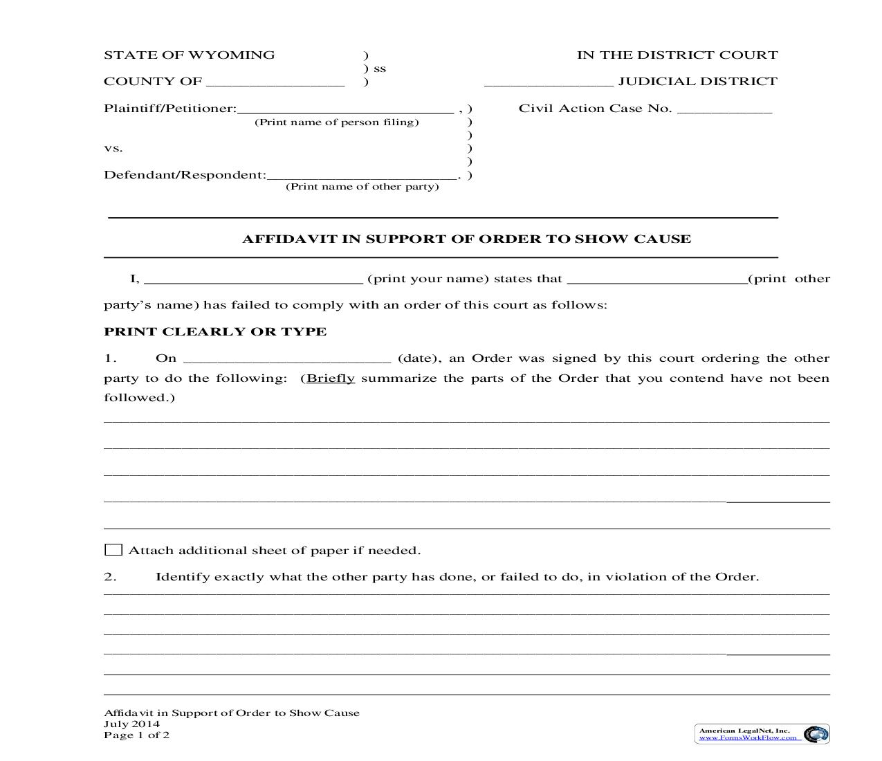 Affidavit In Support Of Order To Show Cause | Pdf Fpdf Docx | Wyoming