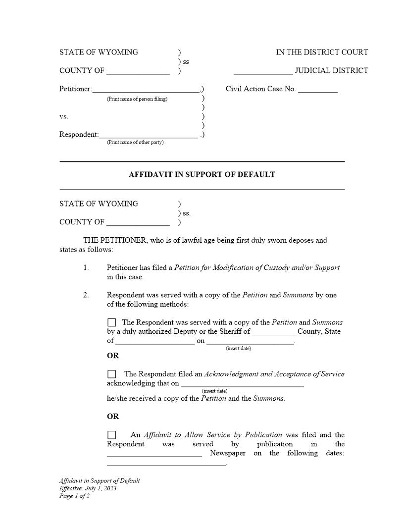 Affidavit Of Petitioner In Support Of Default | Pdf Fpdf Docx | Wyoming