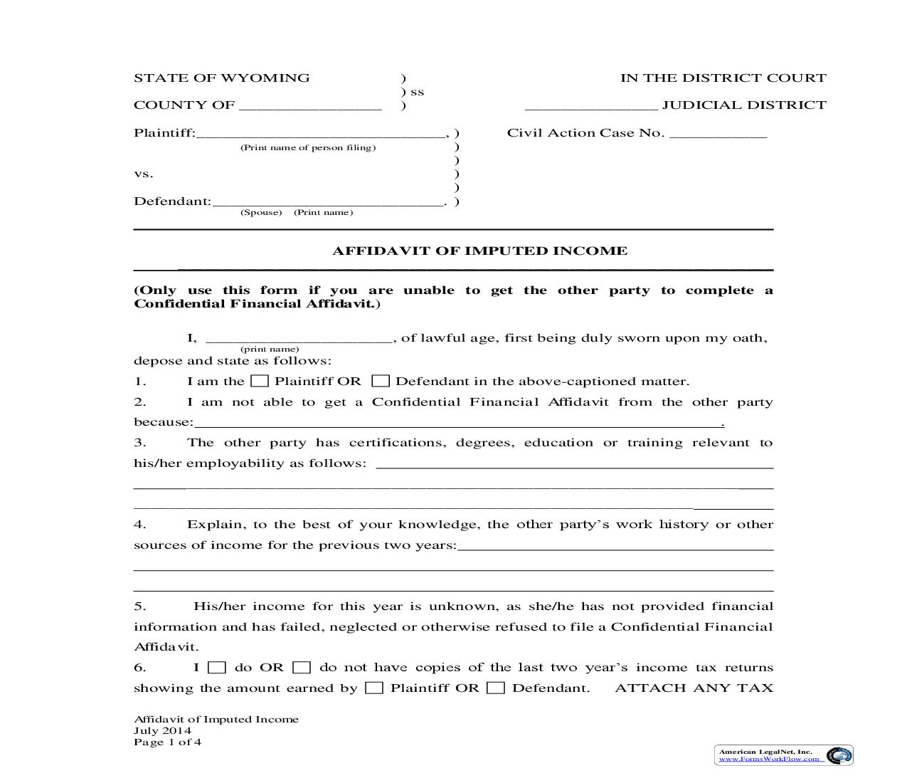 Affidavit of Imputed Income | Pdf Fpdf Docx | Wyoming