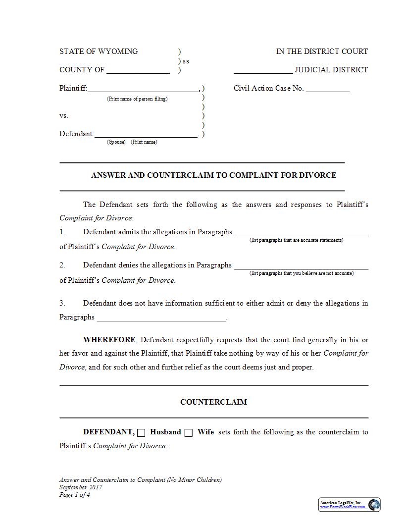 Answer And Counterclaim To Complaint For Divorce No Children | Pdf Fpdf Docx | Wyoming