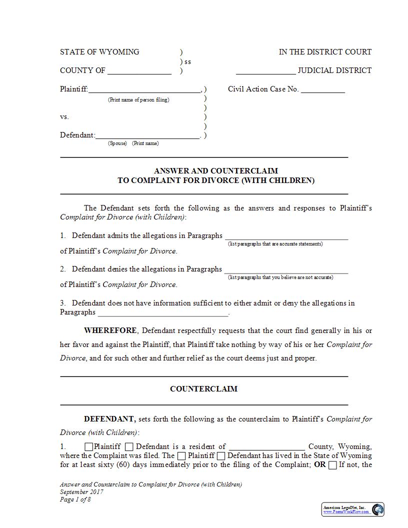 Answer And Counterclaim To Complaint For Divorce With Children | Pdf Fpdf Docx | Wyoming