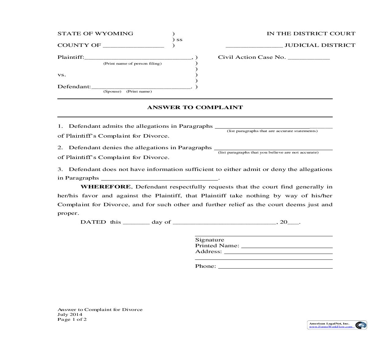 Answer To Complaint For Divorce No Children | Pdf Fpdf Docx | Wyoming