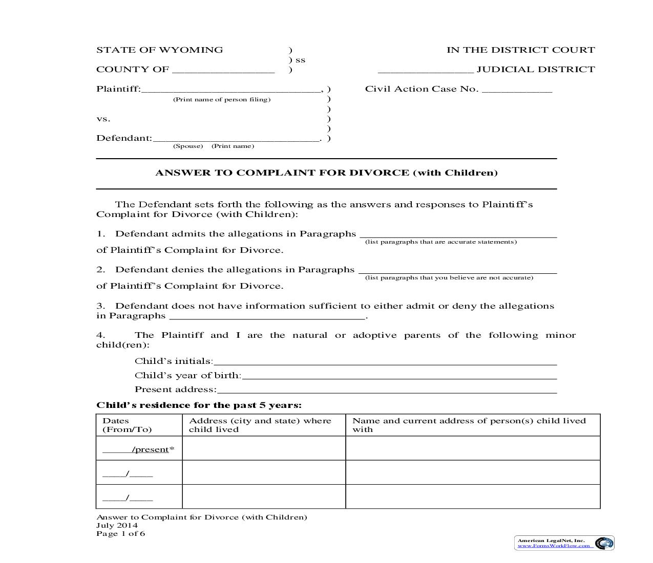 Answer To Complaint For Divorce With Children | Pdf Fpdf Docx | Wyoming