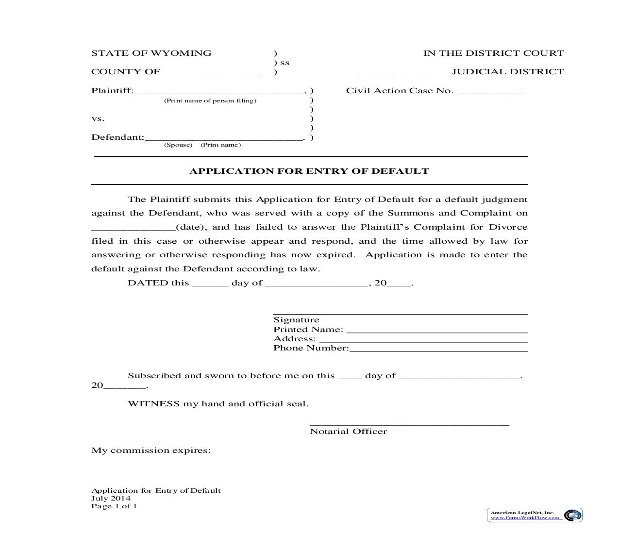 Application For Entry Of Default | Pdf Fpdf Docx | Wyoming