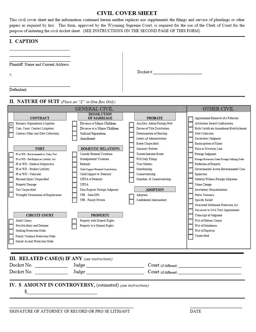 Civil Cover Sheet | Pdf Fpdf Docx | Wyoming