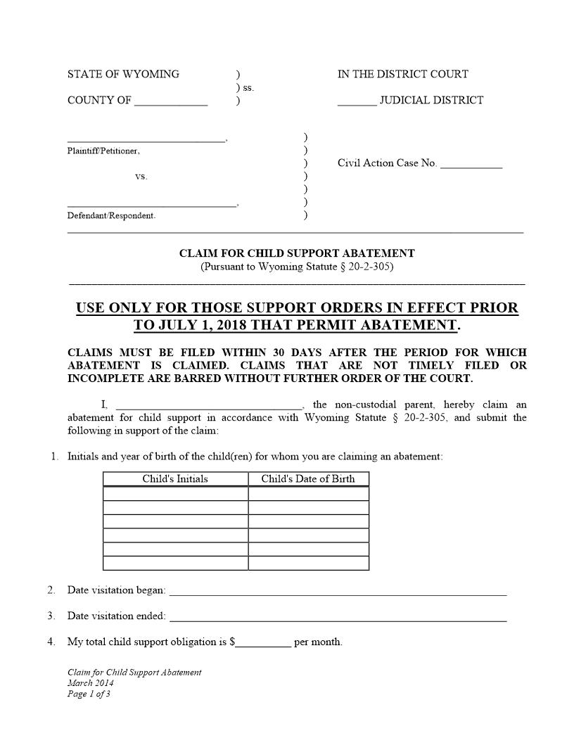Claim For Child Support Abatement | Pdf Fpdf Docx | Wyoming