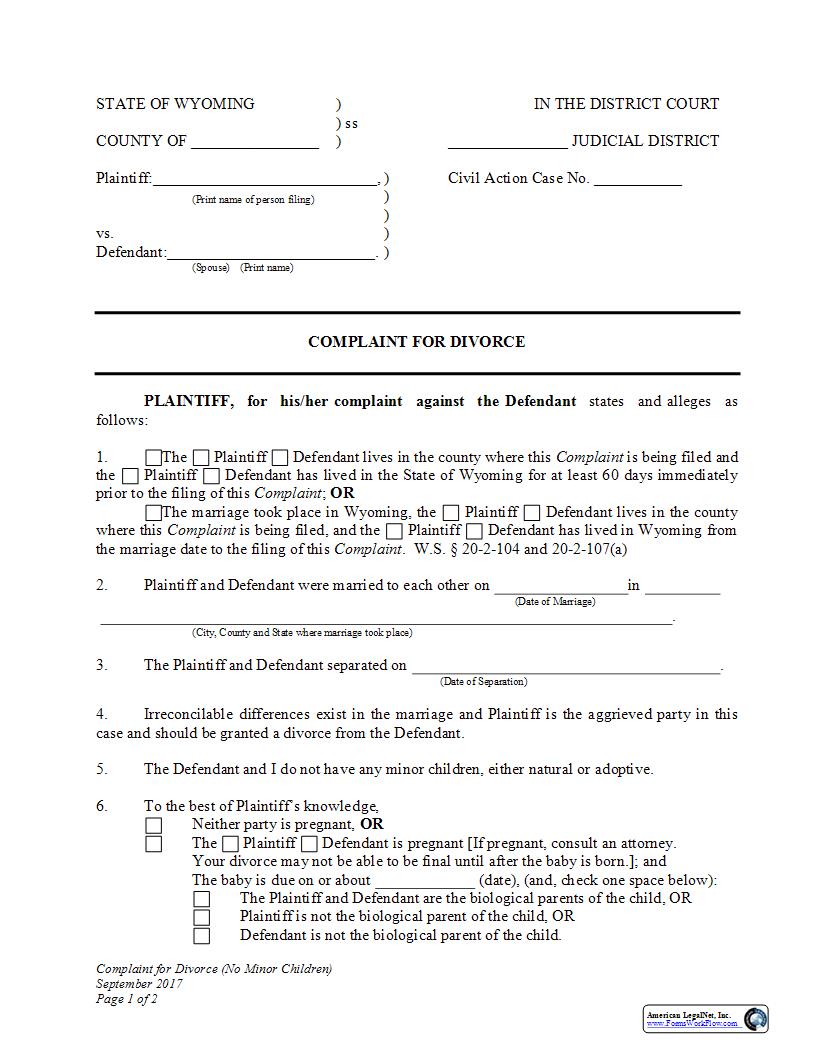 Complaint For Divorce No Children | Pdf Fpdf Docx | Wyoming