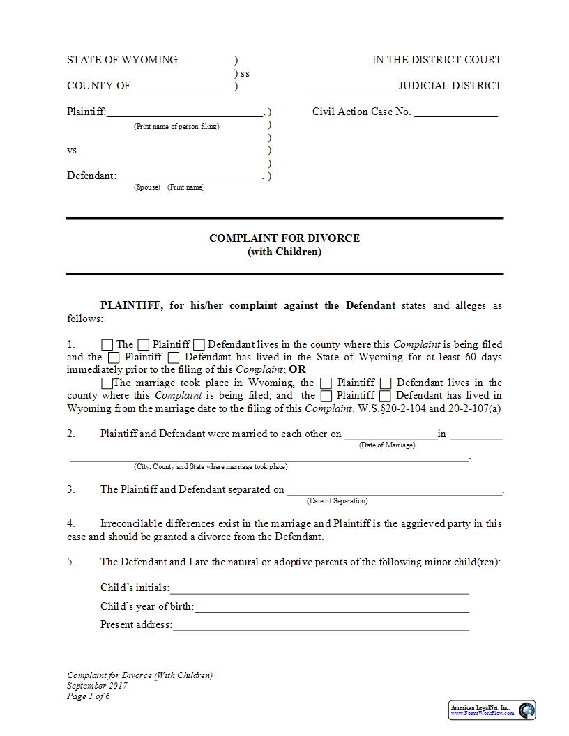 Complaint For Divorce With Children | Pdf Fpdf Docx | Wyoming