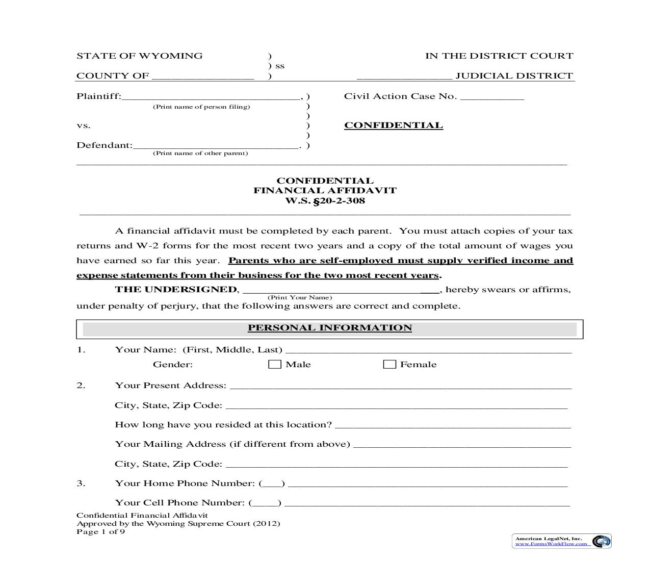 Confidential Financial Affidavit | Pdf Fpdf Docx | Wyoming