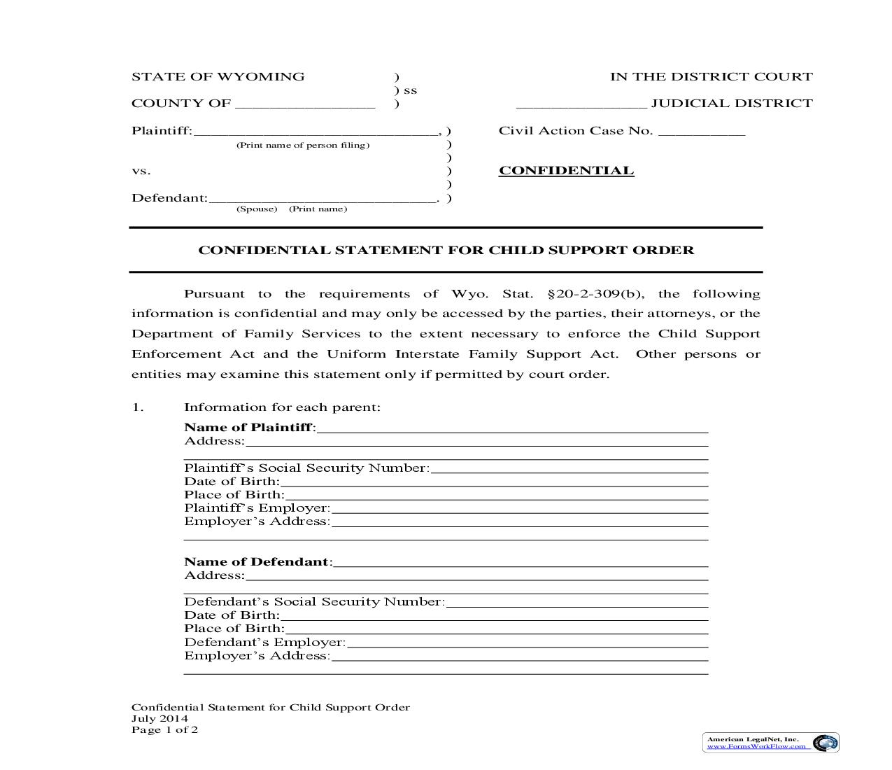 Confidential Statement For Child Support Order | Pdf Fpdf Docx | Wyoming