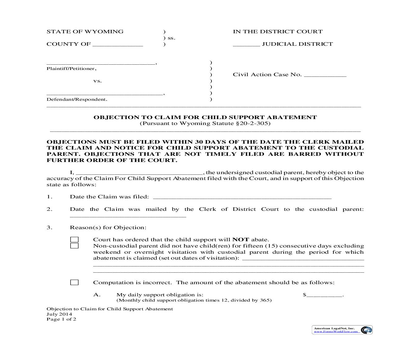 Objection To Claim Of Abatement Of Child Support | Pdf Fpdf Docx | Wyoming