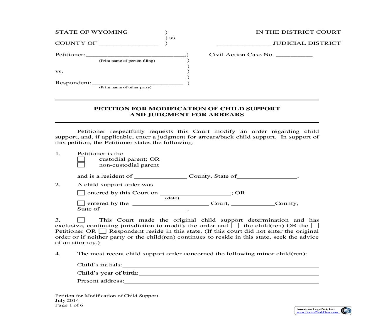 Petition For Modification Of Child Support And Judgement For Arrears | Pdf Fpdf Docx | Wyoming