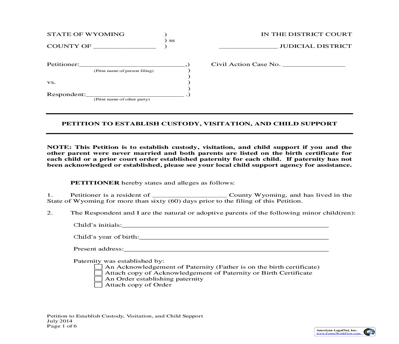 Petition To Establish Custody, Visitation, and Child Support | Pdf Fpdf Docx | Wyoming