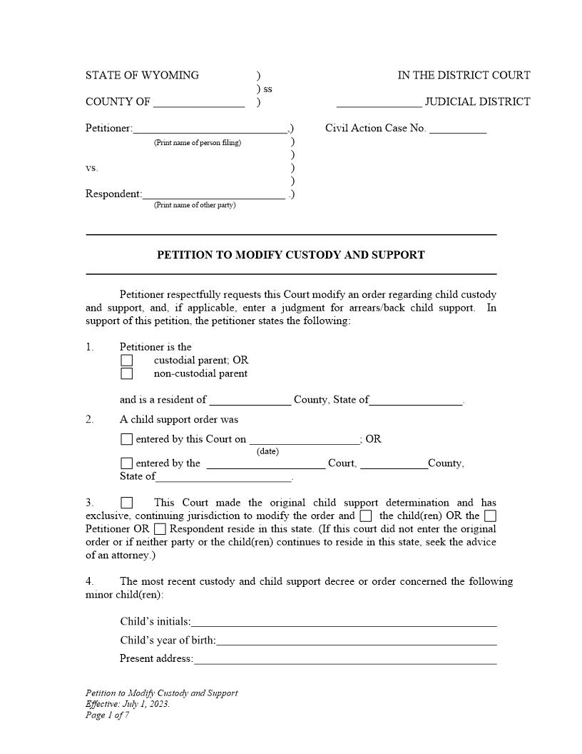 Petition To Modify Custody And Support | Pdf Fpdf Docx | Wyoming