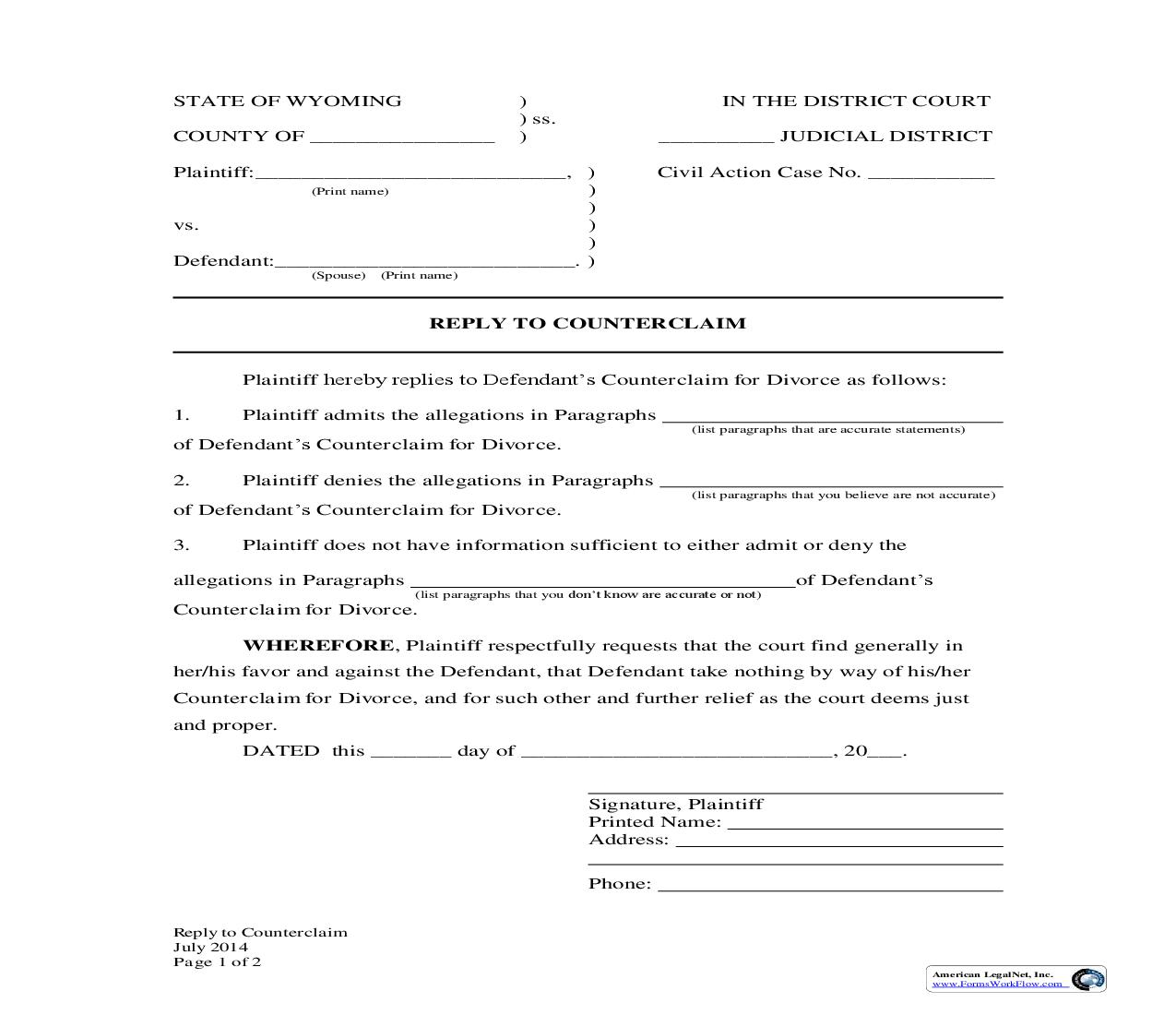 Reply To Counterclaim | Pdf Fpdf Docx | Wyoming