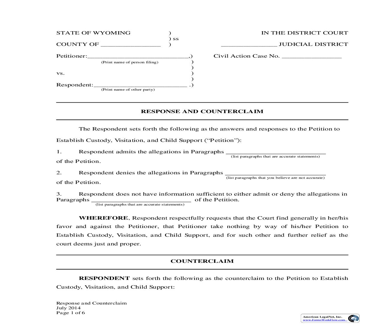 Response And Counterclaim to Petition To Establish Custody, Visitation, And Child Support | Pdf Fpdf Docx | Wyoming