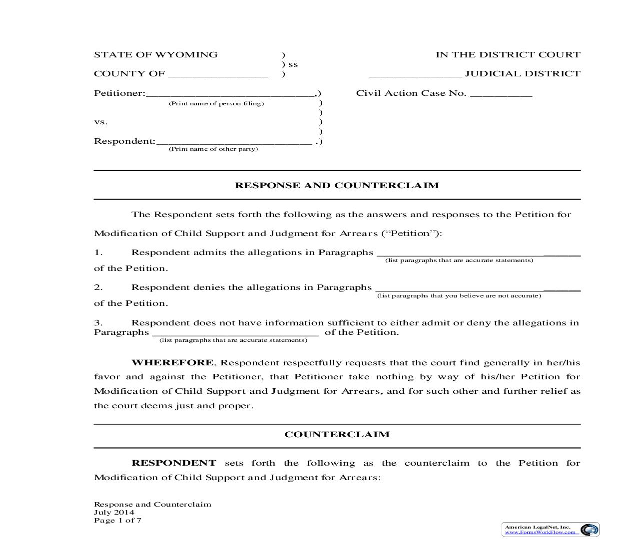 Response And Counterclaim | Pdf Fpdf Docx | Wyoming