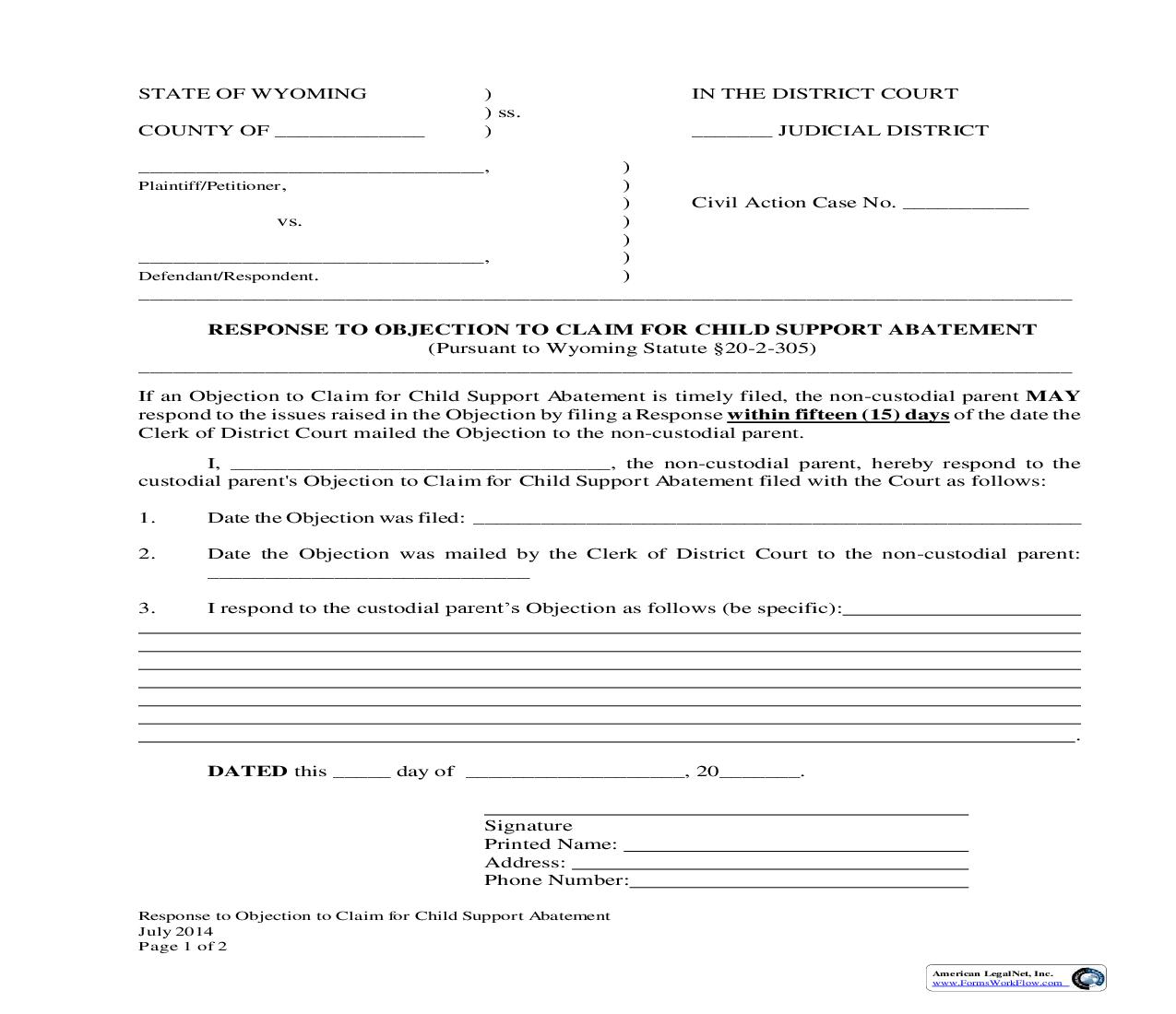 Response To Objection To Claim For Child Support Abatement | Pdf Fpdf Docx | Wyoming