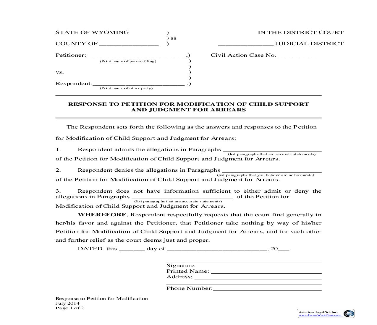 Response To Petition For Modification Of Child Support And Judgement For Arrears | Pdf Fpdf Docx | Wyoming