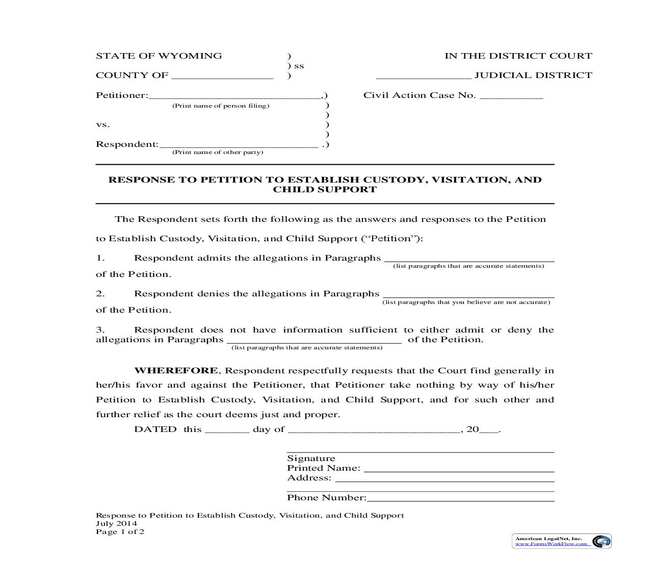 Response To Petition To Establish Custody, Visitation, And Child Support | Pdf Fpdf Docx | Wyoming