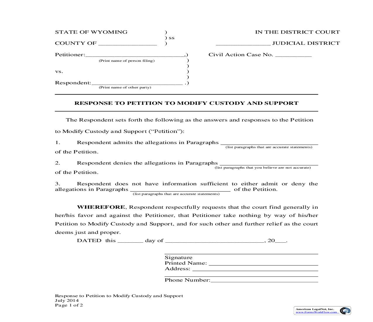 Response To Petition To Modify Custody And Child Support | Pdf Fpdf Docx | Wyoming