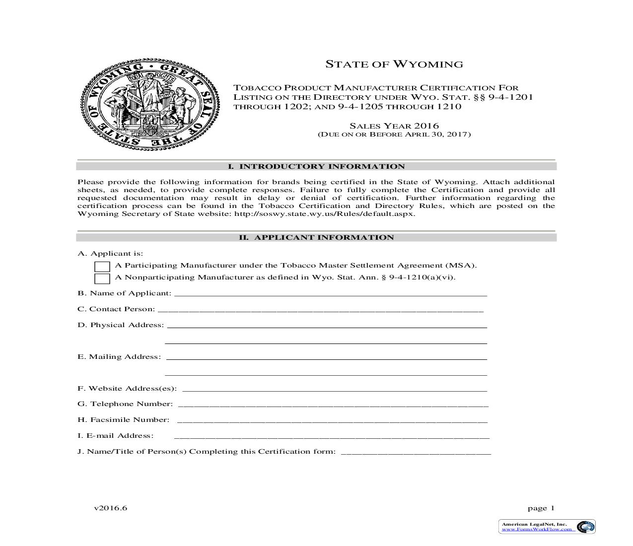 Non-Participating Manufacturer Certification Form |  | Wyoming