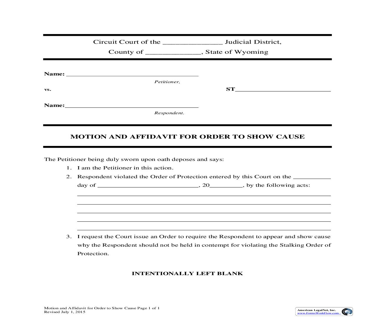 Motion And Affidavit To Show Cause For Stalking Order Of Protection | Pdf Fpdf Docx | Wyoming
