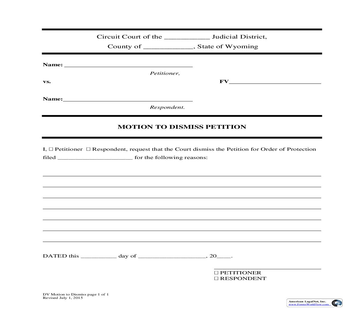 Motion To Dismiss Petition Domestic Violence Protection Order | Pdf Fpdf Docx | Wyoming