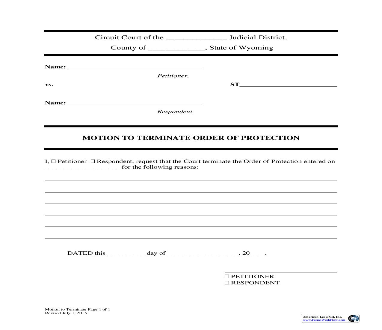 Motion To Terminate Stalking Order Of Protection | Pdf Fpdf Docx | Wyoming