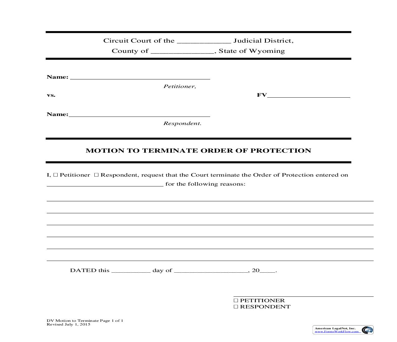 Motion ToTerminate Domestic Violence Protection Order | Pdf Fpdf Docx | Wyoming