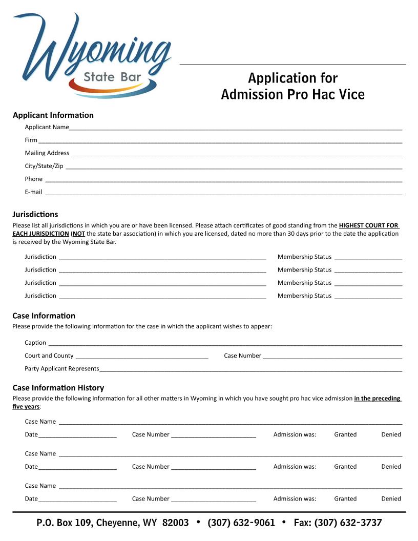 Application For Admission Pro Hac Vice | Pdf Fpdf Doc Docx | Wyoming