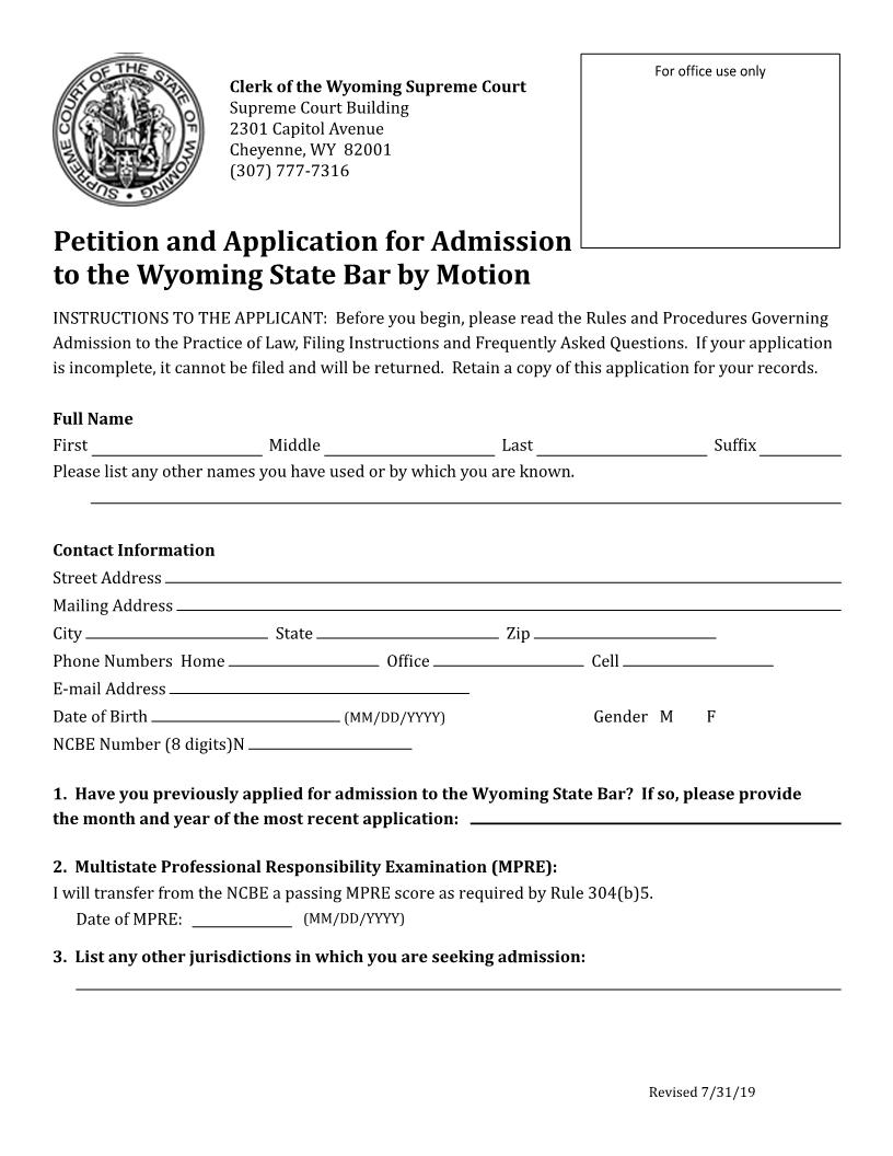 Application For Admission To The Wyoming State Bar | Pdf Fpdf Docx | Wyoming