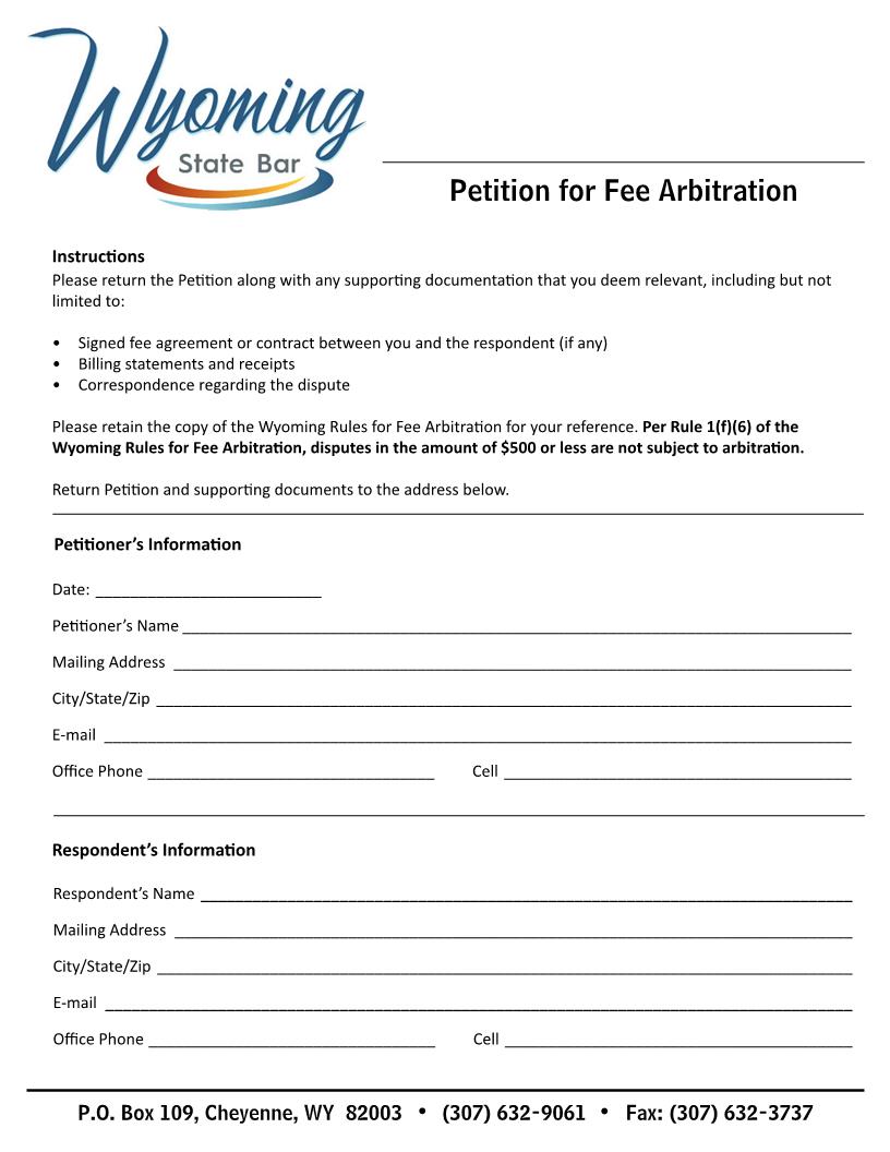 Petition For Fee Arbitration | Pdf Fpdf Doc Docx | Wyoming