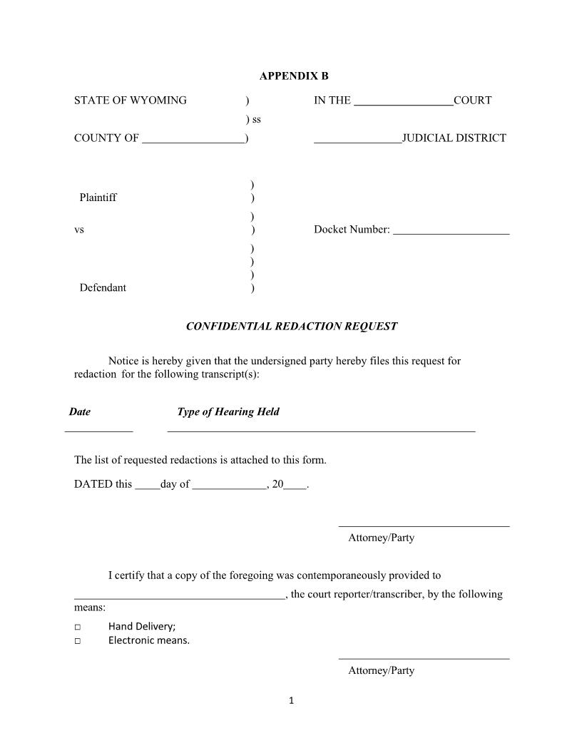 Confidential Redaction Request {Form CRR} | Pdf Fpdf Docx | Wyoming