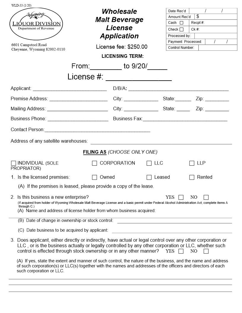 Application For Wholesale Malt Beverage License {WLD-033} | Pdf Fpdf Docx | Wyoming