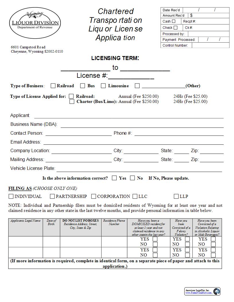 Chartered Transportation Liquor License Application  | Pdf Fpdf Docx | Wyoming